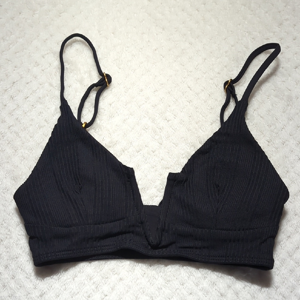 l*space Black Ribbed V-Notch Bikini Top with Gold Hardware